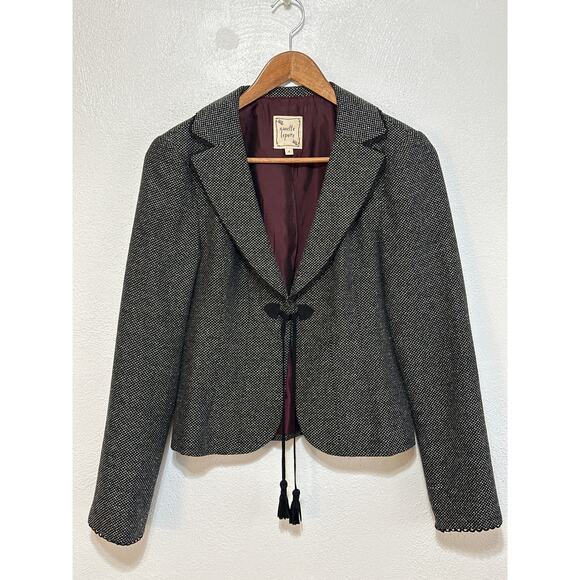 VTG Nanette Lepore Wool Slik Blazer 4 Grey Black Eyelet Trim Leather Tassel Tie - Picture 1 of 14